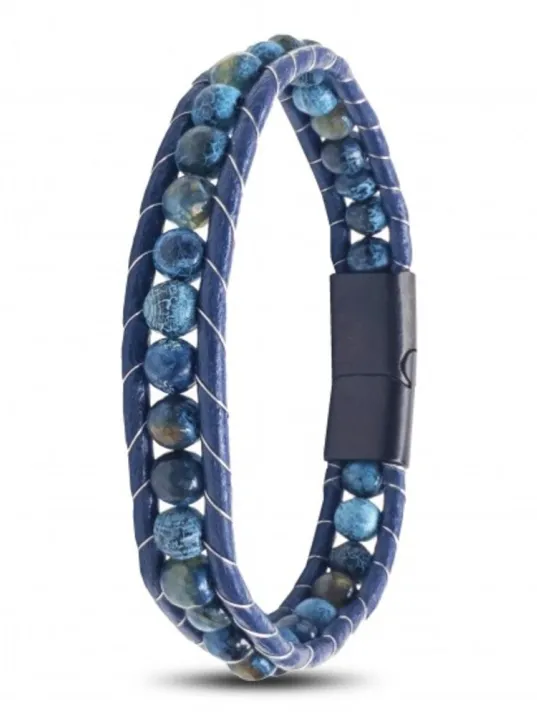 Erkek Doğaltaş Bileklik - 6Mm Damarlı Mat Mavi Akik Taşlı Deri Kordon Ve Çelik Bileklik