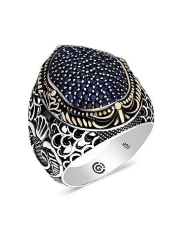 Faraba Lacivert Zirkon Taşlı Yanı Vav Özel Seri Erkek Gümüş Yüzük