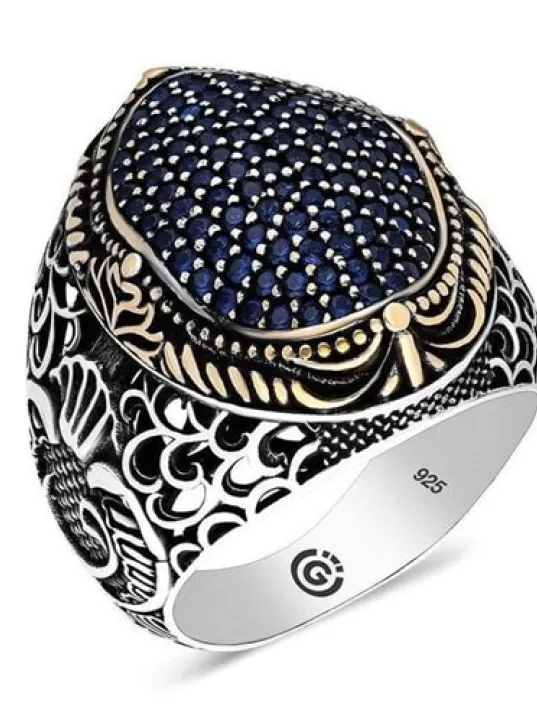 Faraba Lacivert Zirkon Taşlı Yanı Vav Özel Seri Erkek Gümüş Yüzük