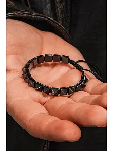 Erkek Kadın Doğal Taş Bileklik - Siyah Hematit Doğal Taşlı Makrome Gotik Tarz Model Unisex Bileklik
