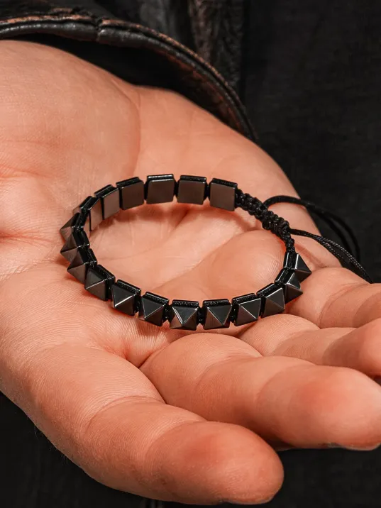 Erkek Kadın Doğal Taş Bileklik - Siyah Hematit Doğal Taşlı Makrome Gotik Tarz Model Unisex Bileklik
