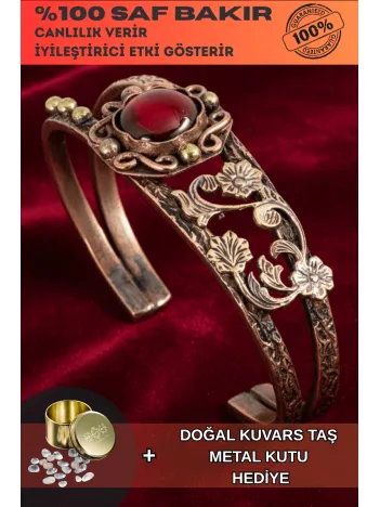 Kadın Bakır Bileklik - Kırmızı Akik Taşlı Kabuk Desenli Kadın Bilezik Metal Kutu ve Kuvars Taşı