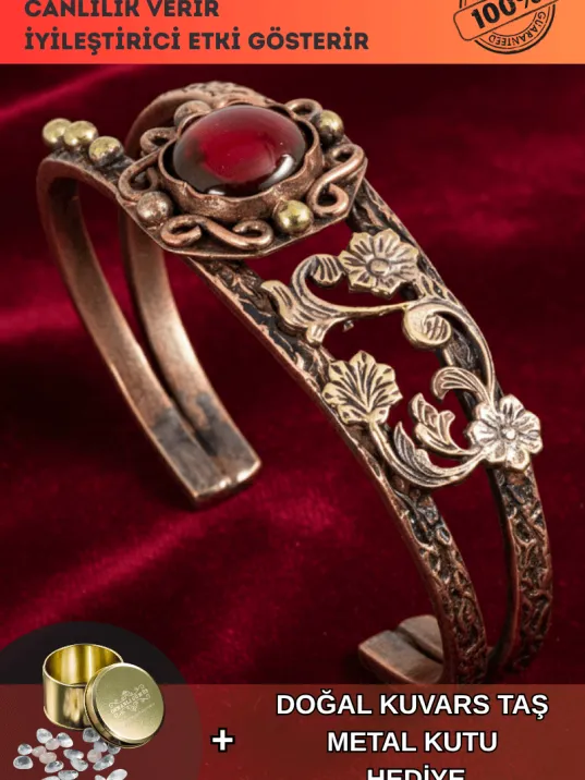 Kadın Bakır Bileklik - Kırmızı Akik Taşlı Kabuk Desenli Kadın Bilezik Metal Kutu ve Kuvars Taşı Kadın Bakır Bileklik - Kırmızı Akik Taşlı Kabuk Desenli Kadın Bilezik Metal Kutu ve Kuvars Taşı