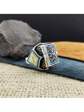 Kişiye Özel Tasarımlı Firuze Mikro Taşlı Erkek Gümüş Yüzük (İçine Fotoğraf, İsim, Logo Yapılır) GYZGMSGUMSV