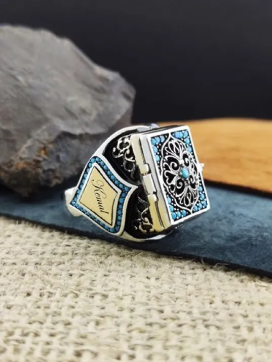 Kişiye Özel Tasarımlı Firuze Mikro Taşlı Erkek Gümüş Yüzük (İçine Fotoğraf, İsim, Logo Yapılır) GYZGMSGUMSV