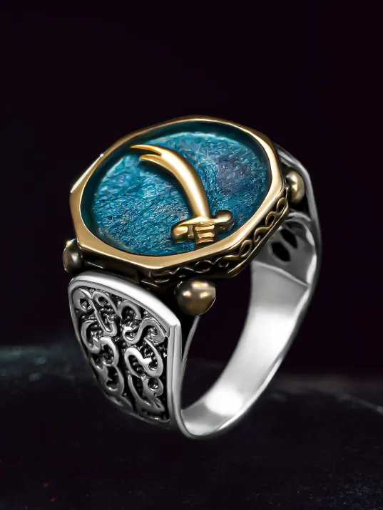 Erkek Gümüş Yüzük - Mavi Mineli Zülfikar Kılıcı İşlemeli 925 Ayar Erkek Yüzük