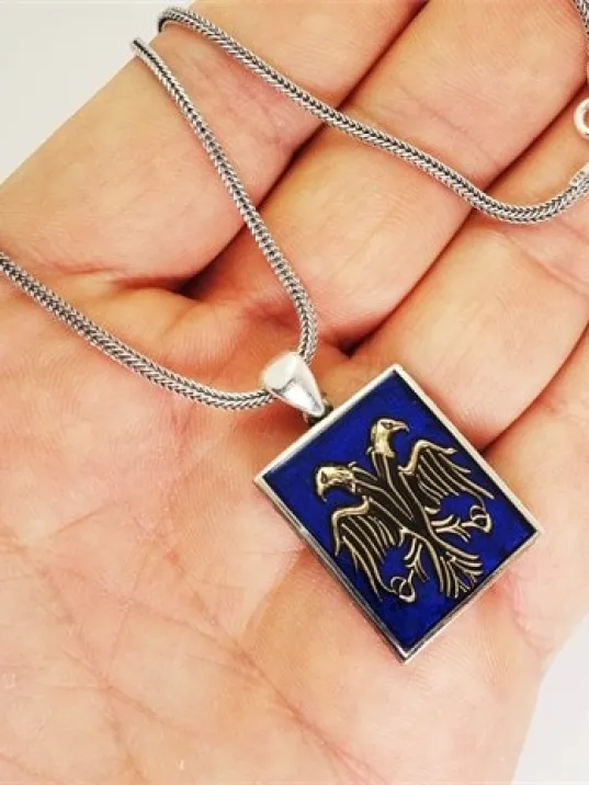Mavi Mineli Çiftbaşlı Selçuklu Kartalı Erkek Gümüş Kolye Zincir Orta Boy