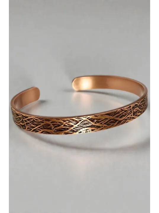Erkek Kadın Bakır Bileklik - Ayetel Kürsi Dualı Dalgalı Ağaç Kabuğu Desenli Bakır Bilezik