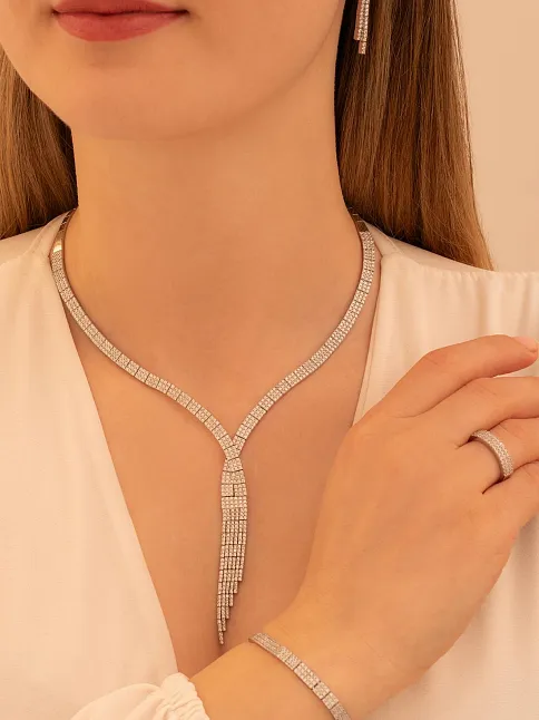 Kadın Gümüş Takı Seti - Sedef Zirkon Taşlı Kolye, Bileklik, Yüzük, Küpe Tam Set