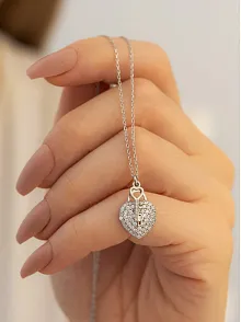 Kadın Gümüş Kolye - Zirkon Taşlı Kalp Kilit Model Gümüş Kadın Kolye
