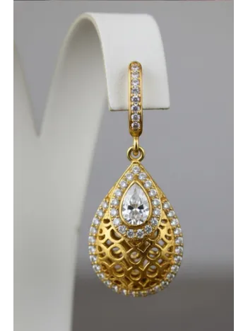 Kadın Gümüş Küpe - Damla Model 22 Ayar Altın Kaplama Zirkon Taşlı Gümüş Küpe