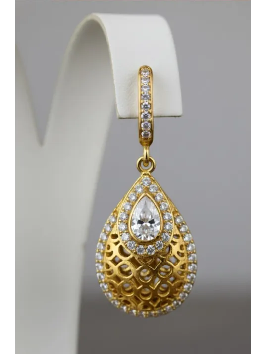 Kadın Gümüş Küpe - Damla Model 22 Ayar Altın Kaplama Zirkon Taşlı Gümüş Küpe