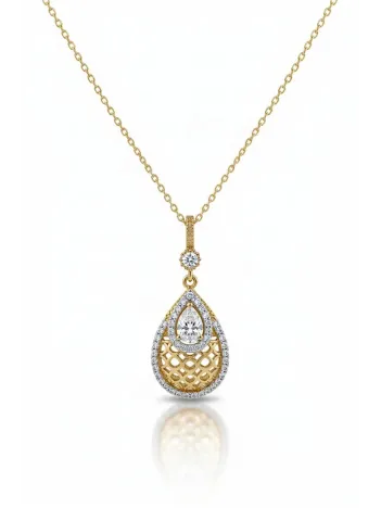 Kadın Gümüş Kolye Yüzük Küpe Set - Damla Model 22 Ayar Altın Kaplama Zirkon Taşlı Gümüş Set