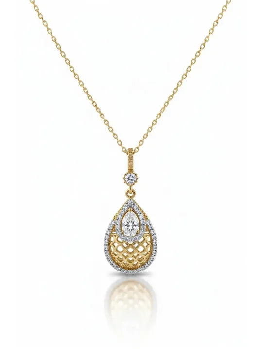 Kadın Gümüş Kolye Yüzük Küpe Set - Damla Model 22 Ayar Altın Kaplama Zirkon Taşlı Gümüş Set