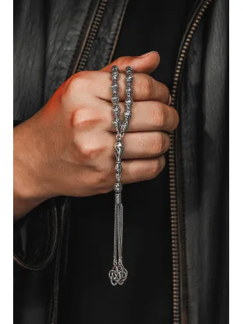 Erkek Tesbih - Sükun Oksitli 925 Ayar Gümüş Erkek Tespih Orta Boy 24gr