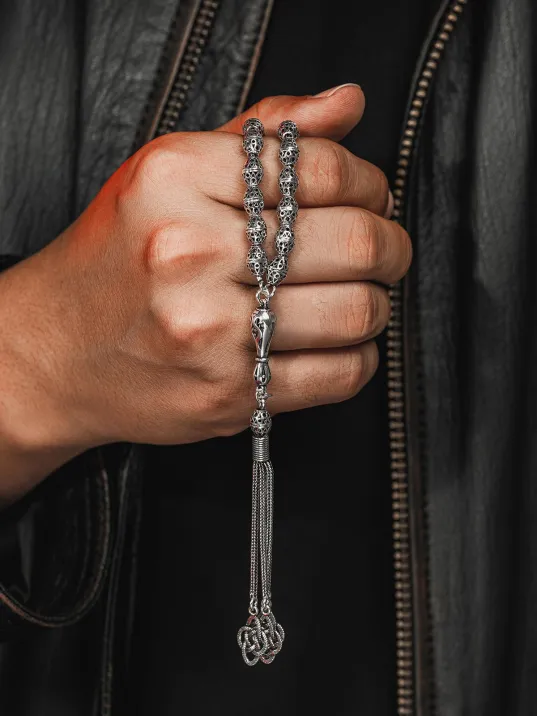 Erkek Tesbih - Sükun Oksitli 925 Ayar Gümüş Erkek Tespih Orta Boy 24gr