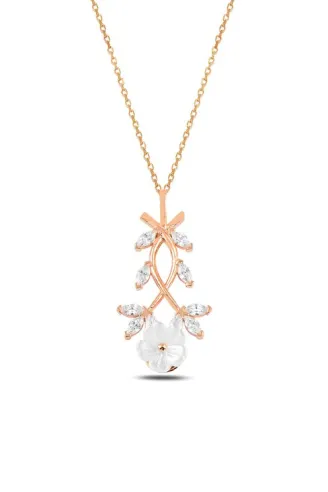 Zirkon Taşlı Rose Manolya Çiçeği Model 4 Kadın Gümüş Kolye GKLMNLYCCK4-ROS
