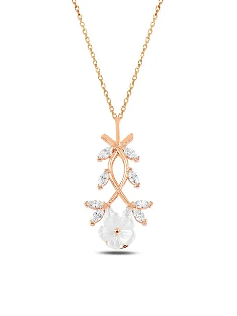 Zirkon Taşlı Rose Manolya Çiçeği Model 4 Kadın Gümüş Kolye GKLMNLYCCK4-ROS