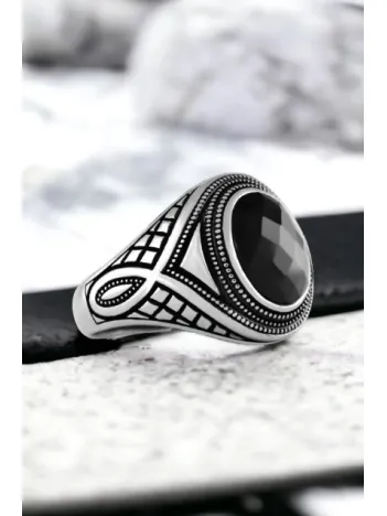 Erkek Gümüş Yüzük - Siyah Zirkon Taşlı Erkek Gümüş Yüzük
