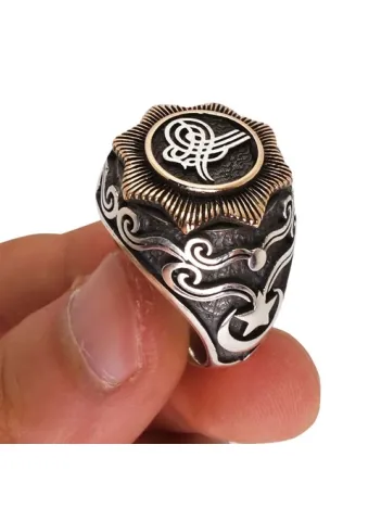 Tuğralı Ay Yıldız İşlemeli Gümüş Erkek Yüzük