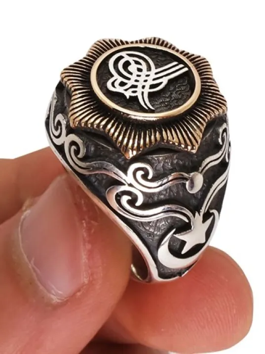 Tuğralı Ay Yıldız İşlemeli Gümüş Erkek Yüzük