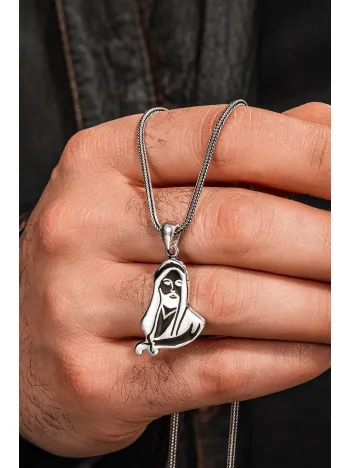 925 Ayar Gümüş Siyah Hz. Ali Motifli Zülfikar Kılıcı Tasarımlı Tilki Kuyruğu Kolye