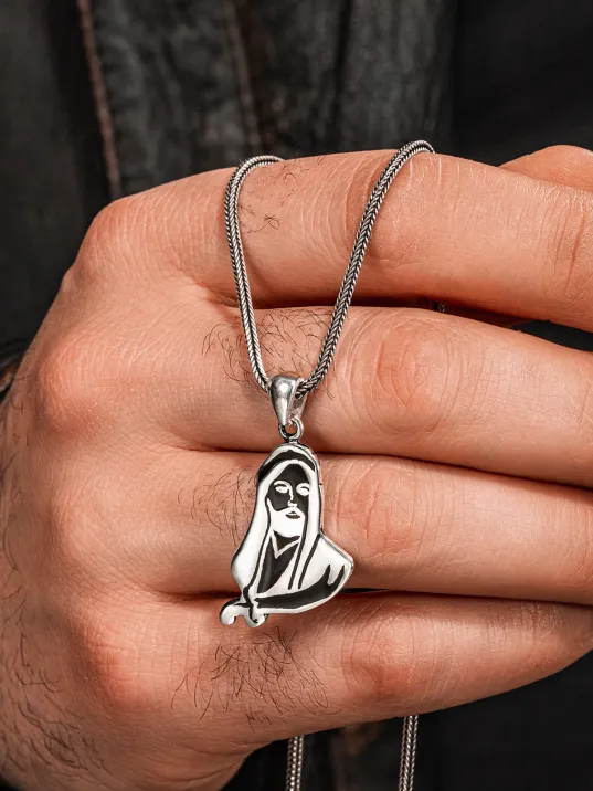 925 Ayar Gümüş Siyah Hz. Ali Motifli Zülfikar Kılıcı Tasarımlı Tilki Kuyruğu Kolye