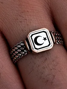 Erkek Gümüş Yüzük - Ay Yıldız Türk Bayrağı İnce Kibar Erkek Yüzüğü