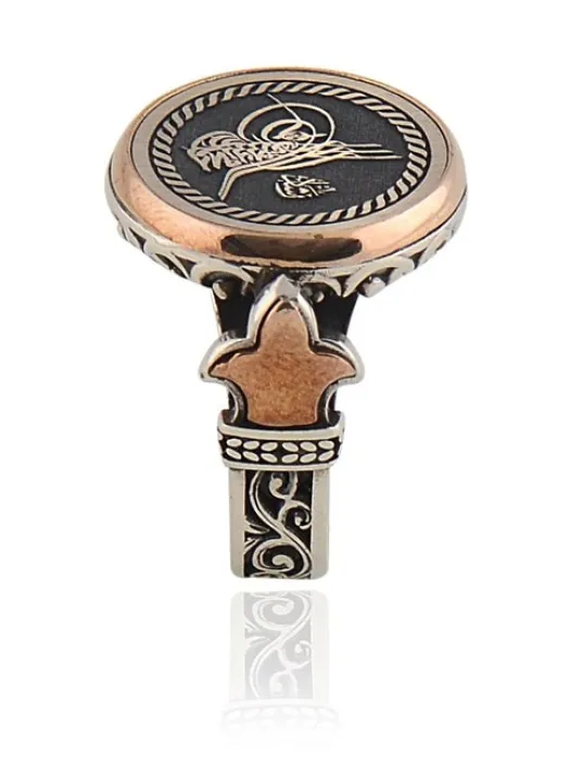 Osmanlı Tuğra İşlemeli Kenarları Motifli 925 Ayar Erkek Gümüş Yüzük GYZOTTOMANT-GMS