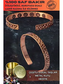 Erkek Kadın Bakır Bileklik - Içi Zırh Ve Koruma Dualı Saf Dövme Grift Kelepçe Metal Kutu Doğal Taş