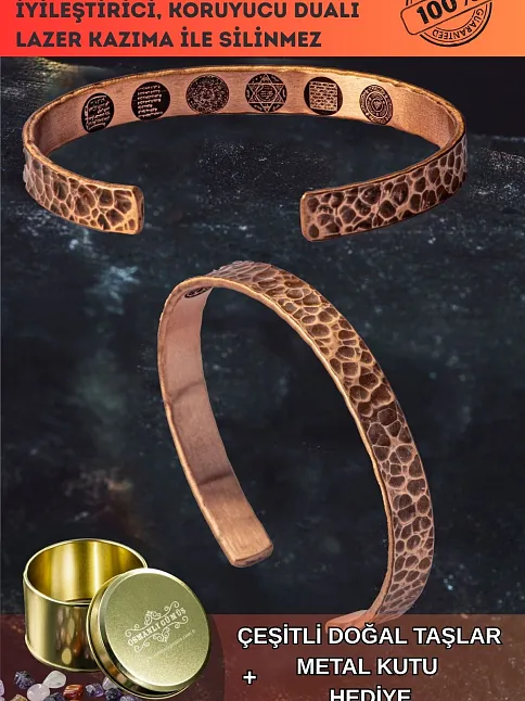 Erkek Kadın Bakır Bileklik - Içi Zırh Ve Koruma Dualı Saf Dövme Grift Kelepçe Metal Kutu Doğal Taş