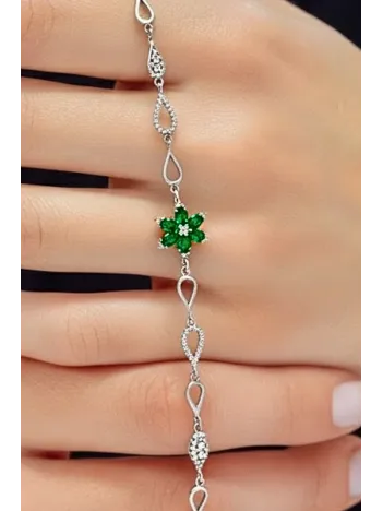 Kadın Gümüş Bileklik - Yeşil Doğal Safir Taşlı Nergis Model Damla Motifli Gümüş Bileklik