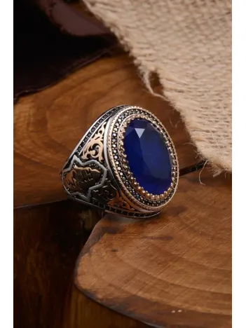 Mavi Zirkon Topaz Taşlı Yanı Göktürkçe Türk Yazılı Erkek Gümüş Yüzük