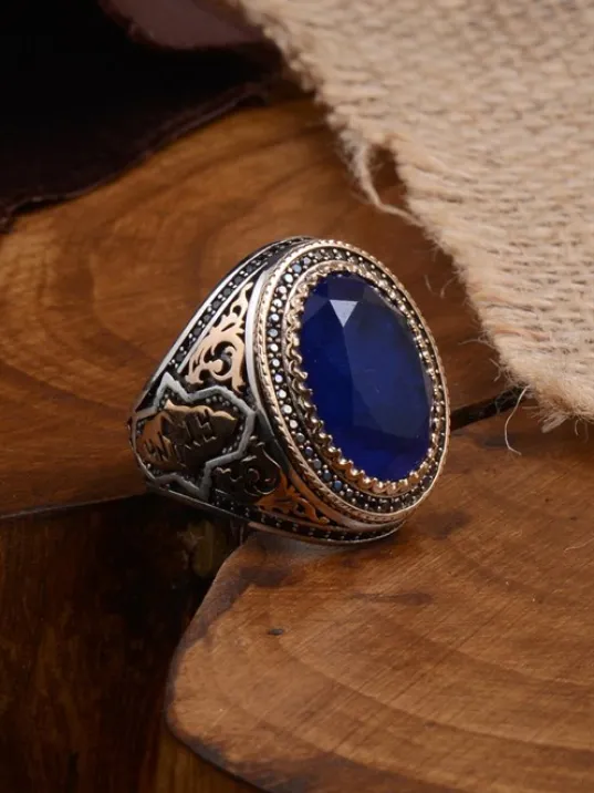 Mavi Zirkon Topaz Taşlı Yanı Göktürkçe Türk Yazılı Erkek Gümüş Yüzük