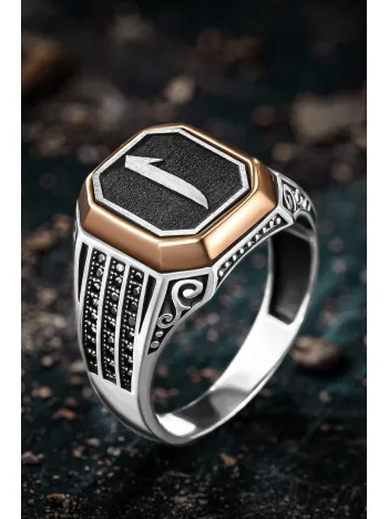 Erkek Gümüş Yüzük - Üç Sıra Zirkon Taşlı Elif İşlemeli Erkek Yüzük