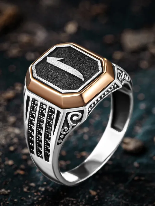 Erkek Gümüş Yüzük - Üç Sıra Zirkon Taşlı Elif İşlemeli Erkek Yüzük