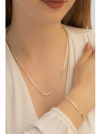 Kadın Gümüş Kolye Bileklik Set - 925 Ayar Küp Zincir Gümüş Set 2mm