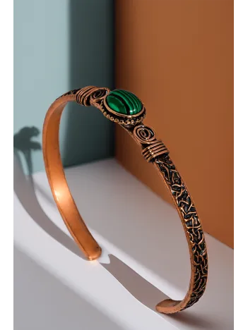 Kadın Bakır Bileklik - Yeşil Malakit Taşlı Otantik Model Yanı Desenli Bakır Bilezik
