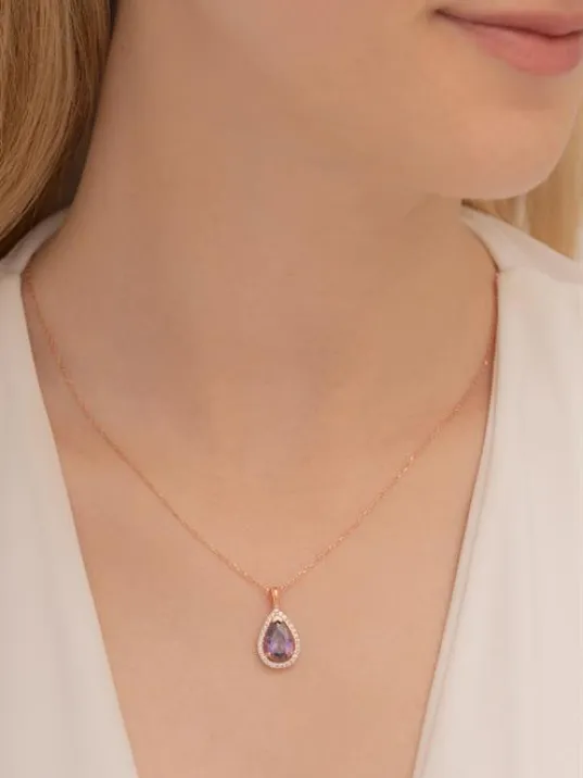 Damla Model Mistik Topaz Taşlı Kadın Gümüş Kolye GKLMSTKTPZ1-ROS