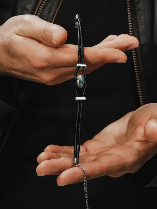 Erkek Çelik Bileklik - Orjinal Yeşil Akik Deri Çelik Erkek Bileklik