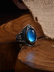 Gravür Taşlı Oval Aquamarin Erkek Gümüş Yüzük