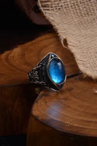 Gravür Taşlı Oval Aquamarin Erkek Gümüş Yüzük