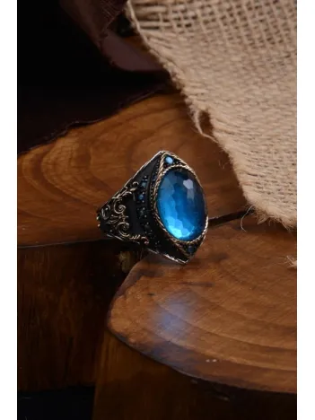 Gravür Taşlı Oval Aquamarin Erkek Gümüş Yüzük