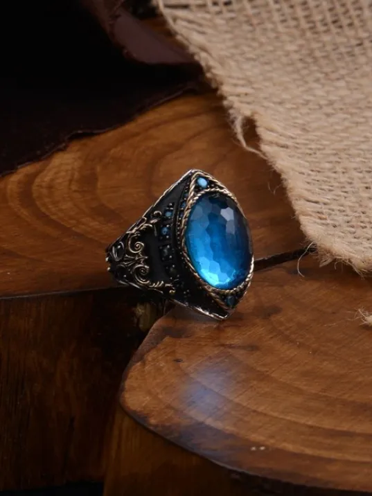 Gravür Taşlı Oval Aquamarin Erkek Gümüş Yüzük