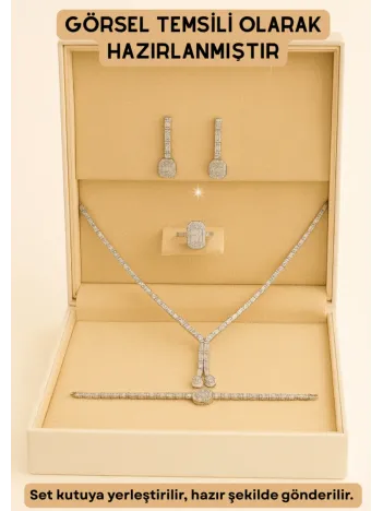 Kadın Gümüş Takı Seti - Merlin Baget Taşlı Model Kolye, Bileklik, Yüzük, Küpe Tam Set