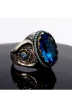Blue Topaz Aquamarin Taşlı Gümüş Erkek Yüzük