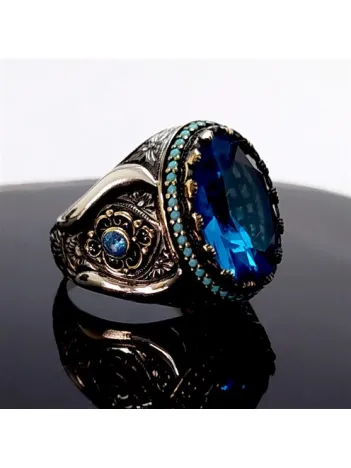 Blue Topaz Aquamarin Taşlı Gümüş Erkek Yüzük