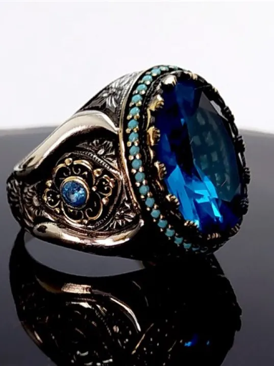 Blue Topaz Aquamarin Taşlı Gümüş Erkek Yüzük