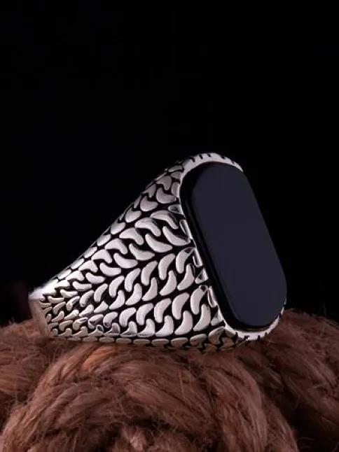 Erkek Gümüş Yüzük Hasır Örme Desenli Siyah Oniks Taşlı Erkek Gümüş Yüzük