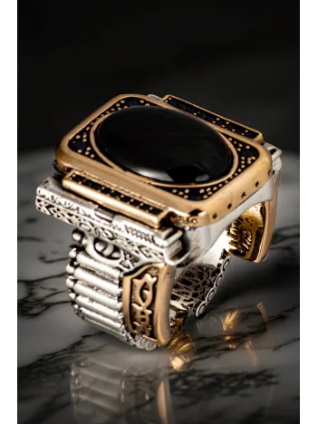 Erkek Silah Ve Kurşun Motifli Siyah Oniks Taşlı Silahtar Model 925 Ayar Gümüş Yüzük